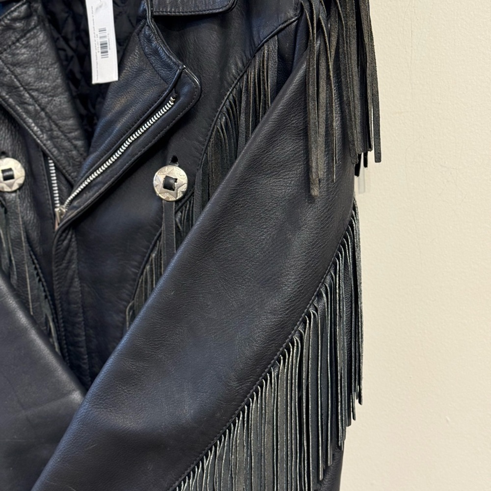 Verducci size 38 black leather fringe moto jacket skull buttons - Picture 5 of 15